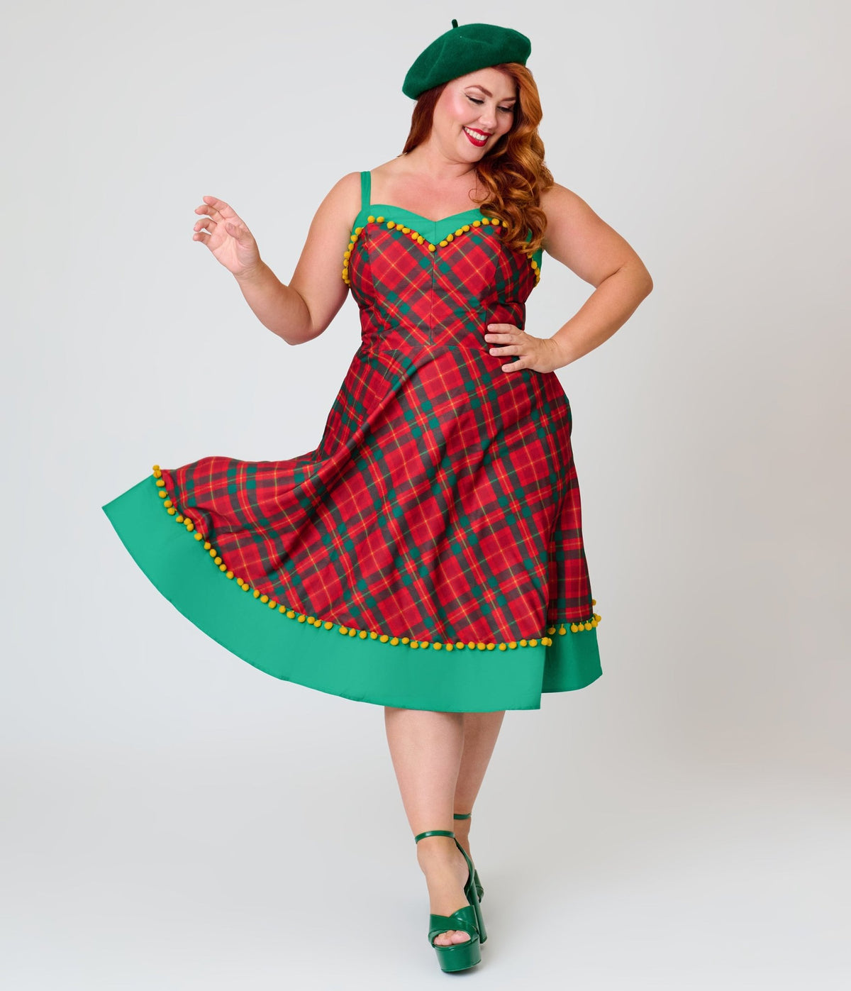 Unique Vintage Plus Size Red & Green Plaid Pom-Pom Girlie Swing Dress - Unique Vintage - Swing Dresses