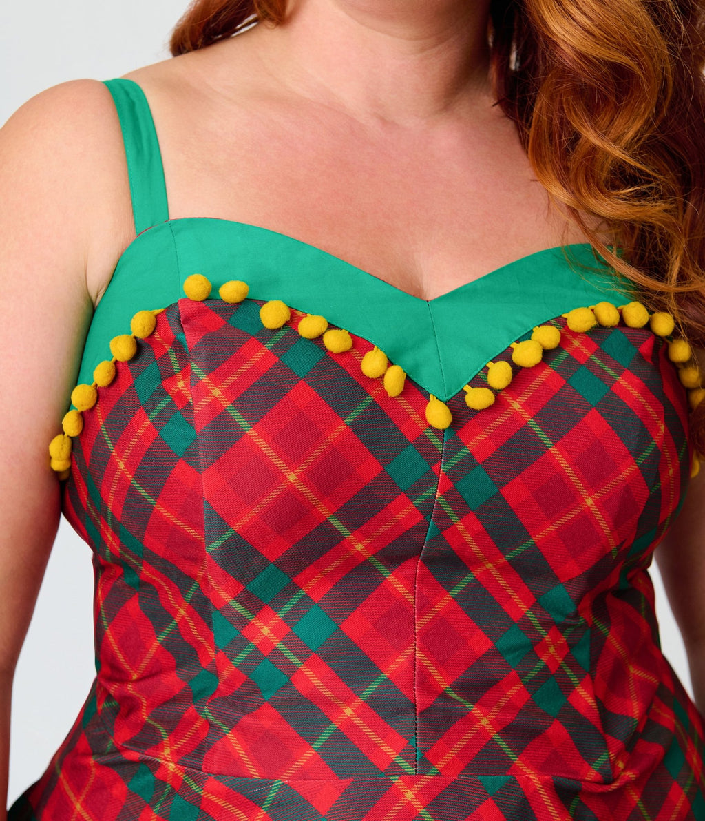 Unique Vintage Plus Size Red & Green Plaid Pom-Pom Girlie Swing Dress - Unique Vintage - Swing Dresses
