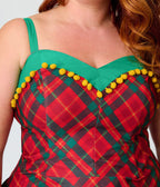 Unique Vintage Plus Size Red & Green Plaid Pom-Pom Girlie Swing Dress - Unique Vintage - Swing Dresses