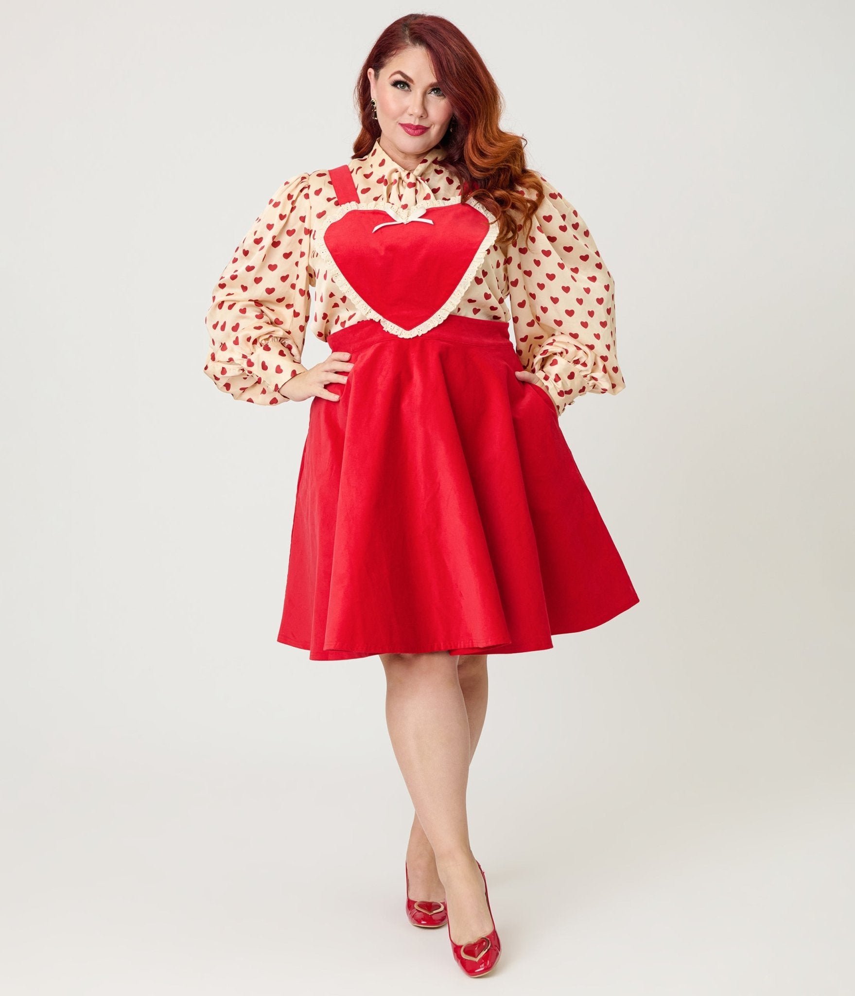 Unique Vintage Plus Size Red Heart Bib Pinafore Skirt Unique Vintage Plus Size Red Heart Bib Pinafore Skirt