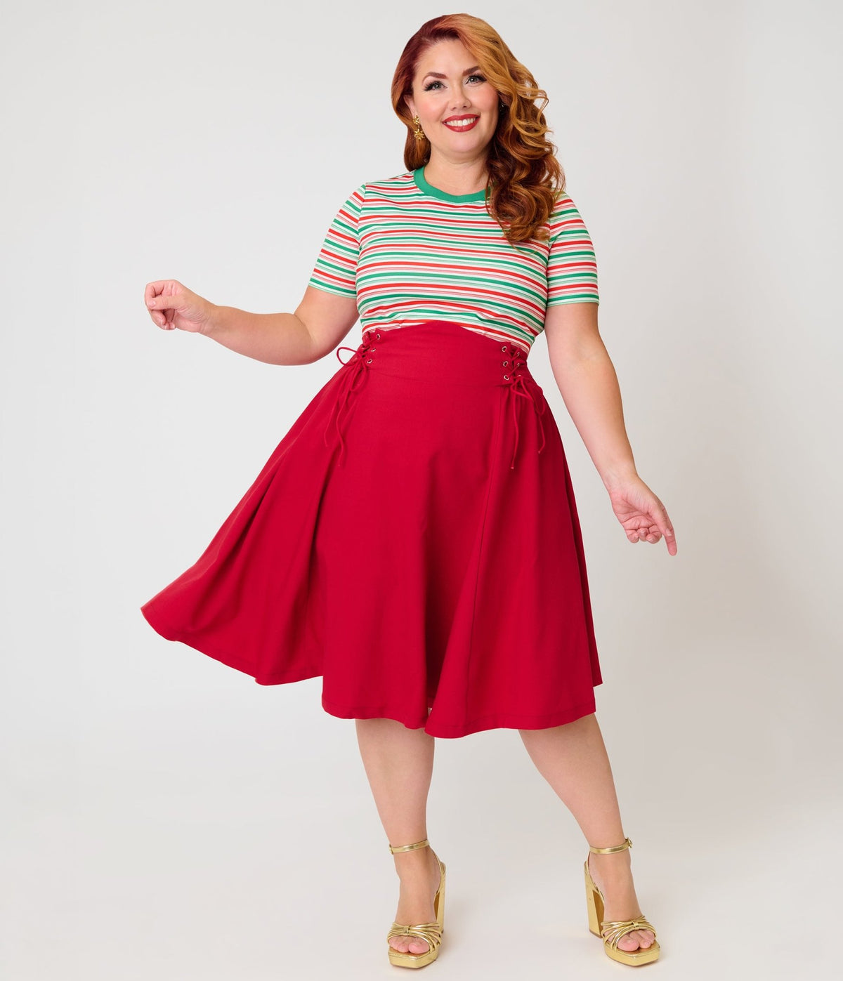 Unique Vintage Plus Size Red Lace Up Swing Skirt - Unique Vintage - Swing Skirts
