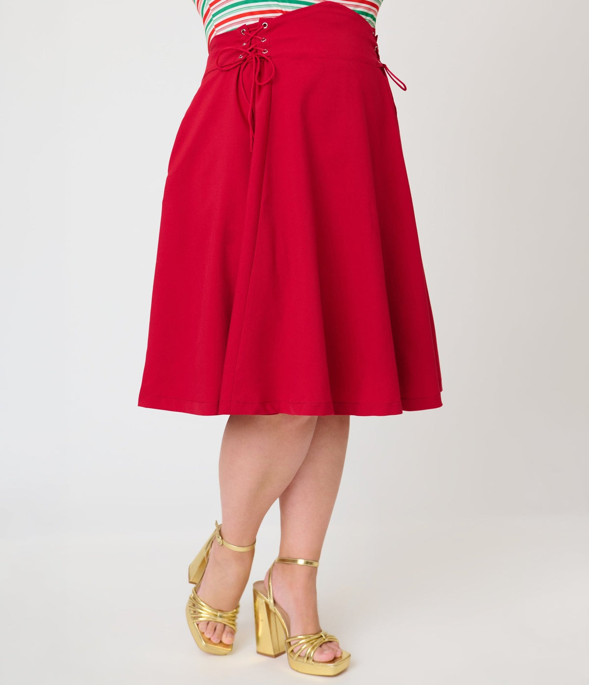 Unique Vintage Plus Size Red Lace Up Swing Skirt - Unique Vintage - Swing Skirts