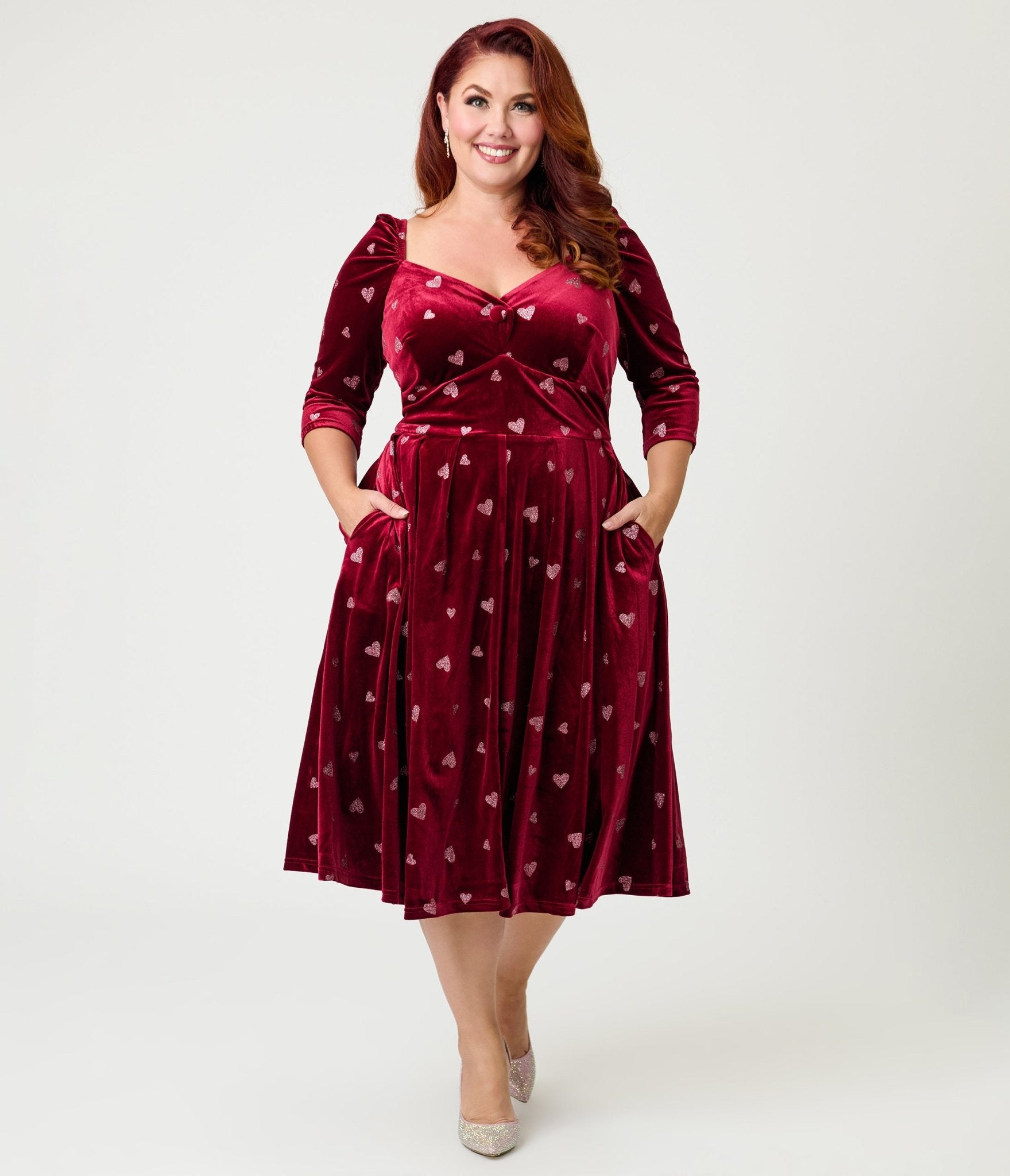 Unique Vintage Plus Size Red & Pink Glitter Heart Velvet Lamar Swing Dress 2X/20W-22W