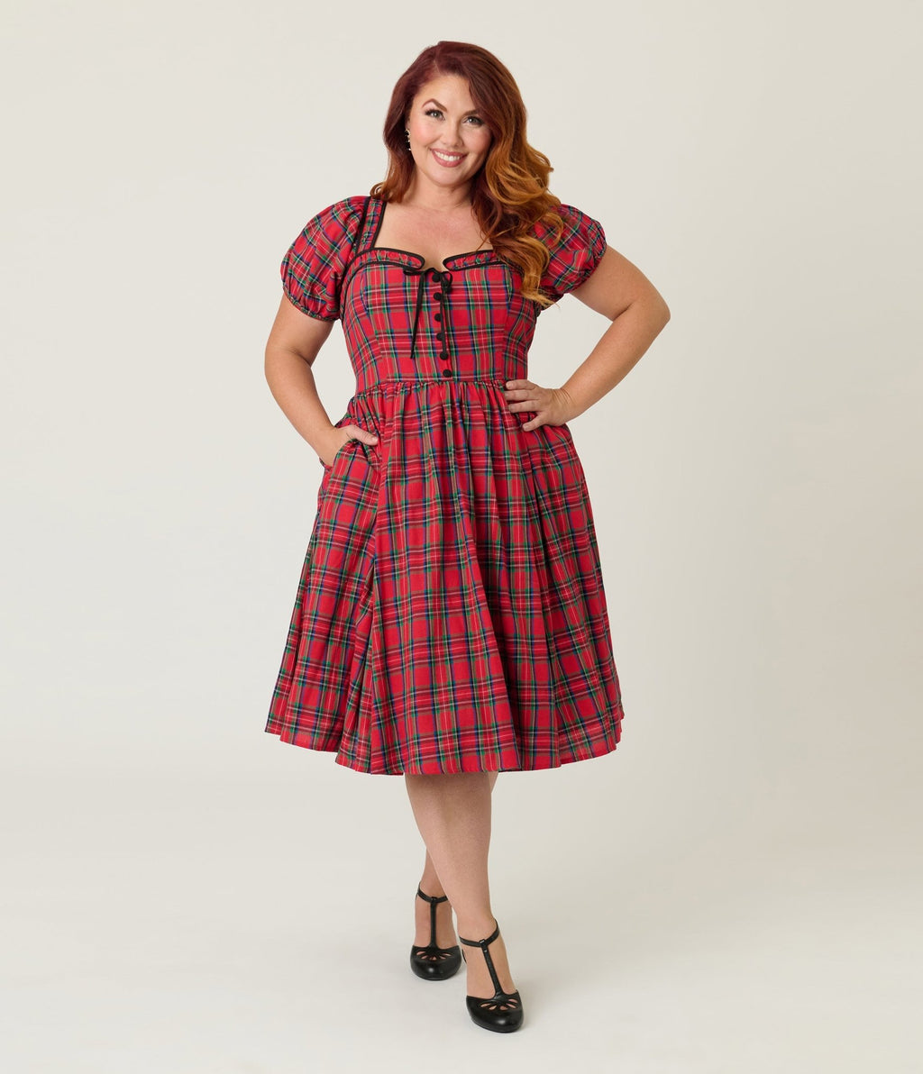 Unique Vintage Plus Size Red Plaid Button Front Swing Dress - Unique Vintage - Womens, DRESSES, SWING