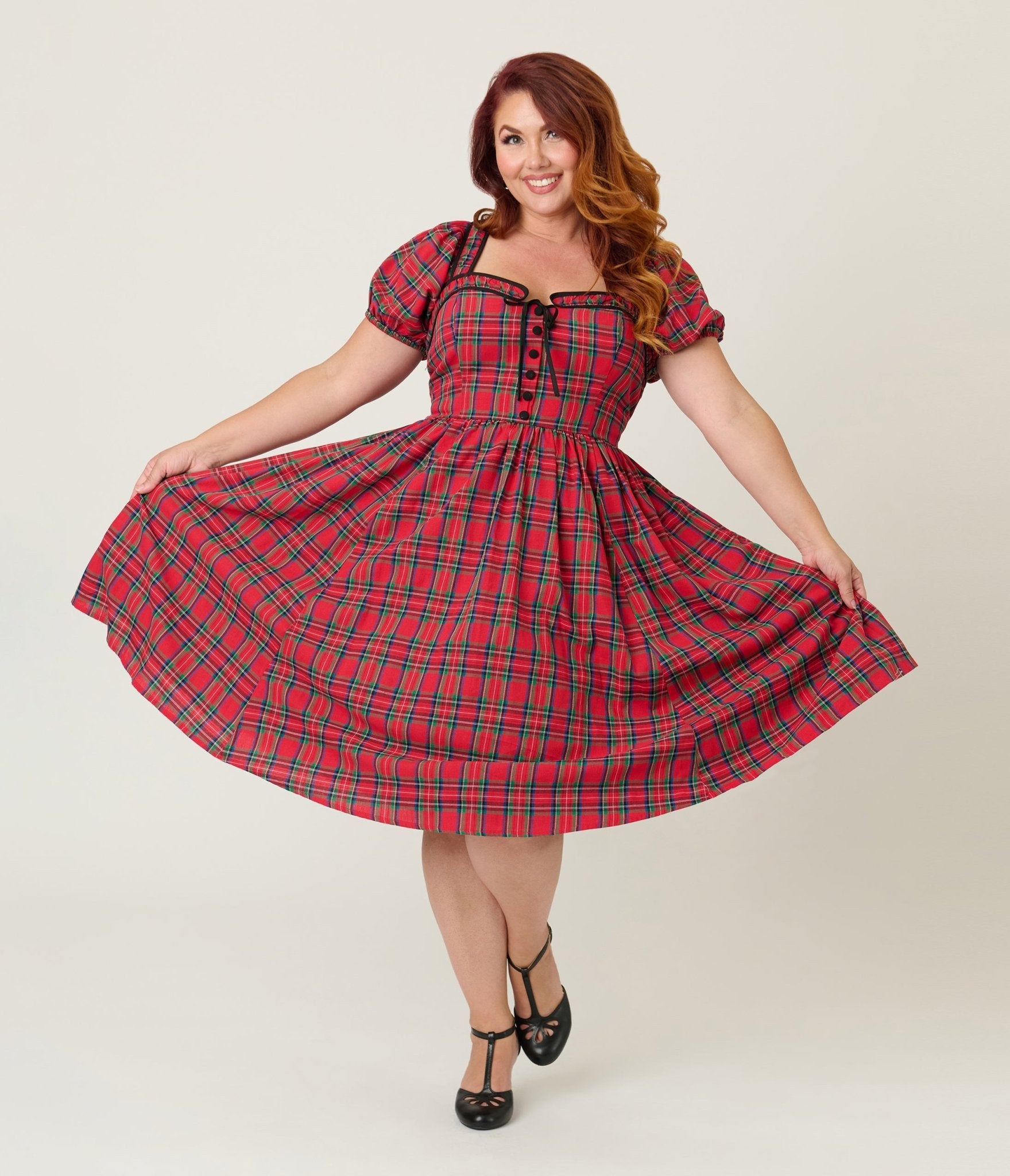 Unique Vintage Plus Size Red Plaid Button Front Swing Dress - Unique Vintage - Womens, DRESSES, SWING