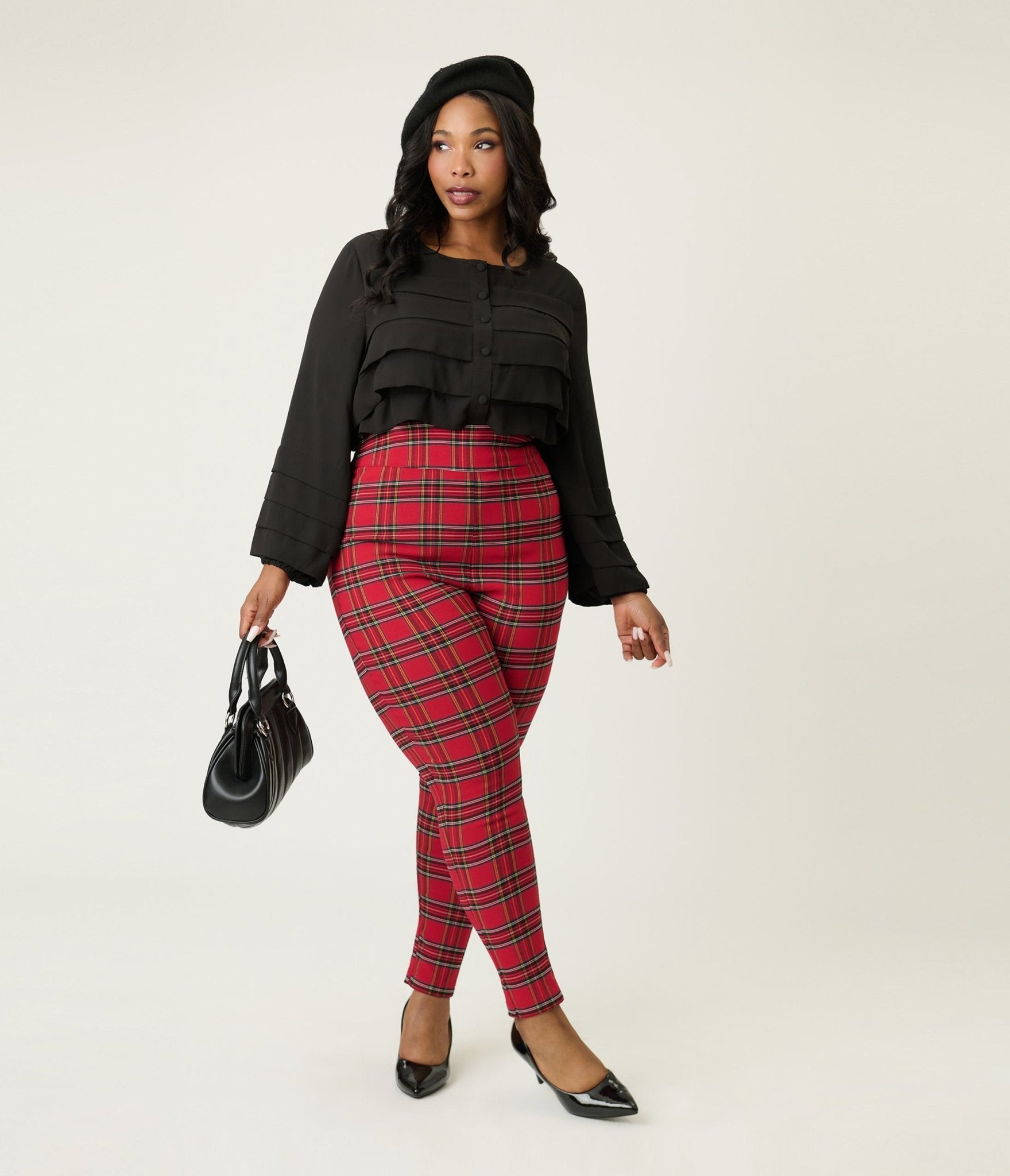 Unique Vintage Plus Size Red Plaid High Waist Rizzo Cigarette Pants - Unique Vintage - Womens, BOTTOMS, PANTS