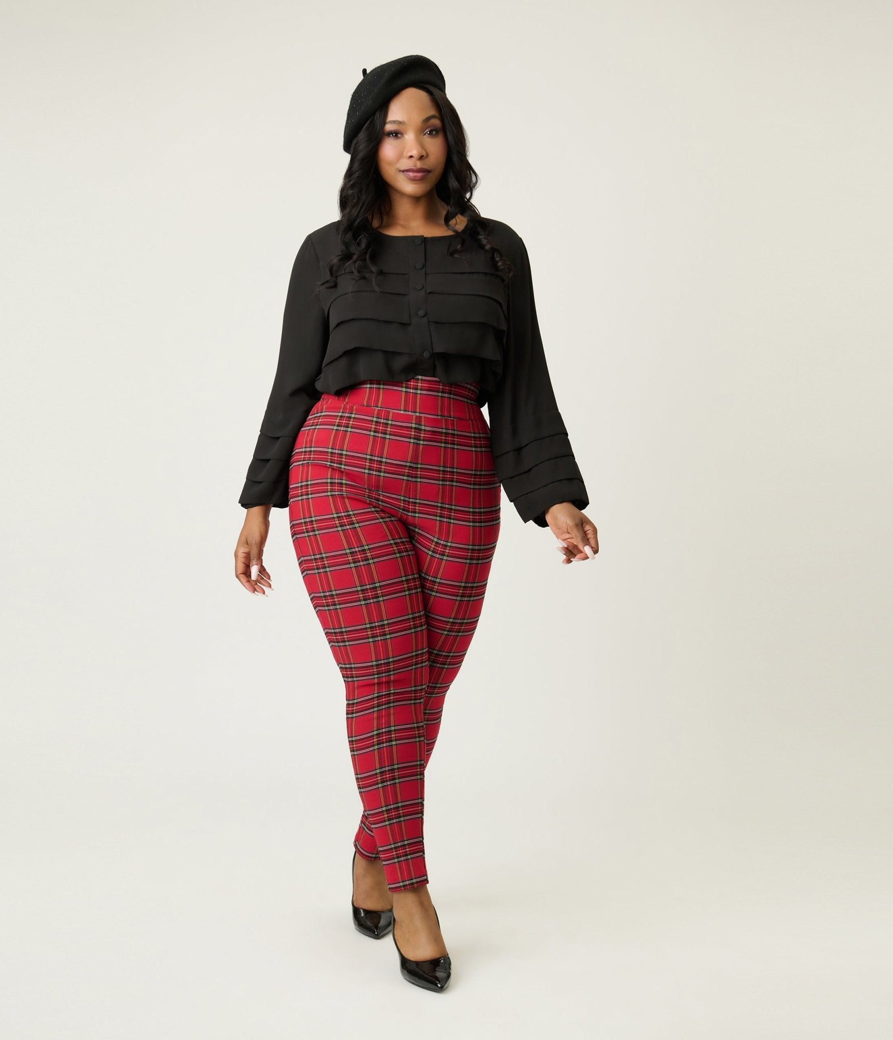 Unique Vintage Plus Size Red Plaid High Waist Rizzo Cigarette Pants - Unique Vintage - Womens, BOTTOMS, PANTS