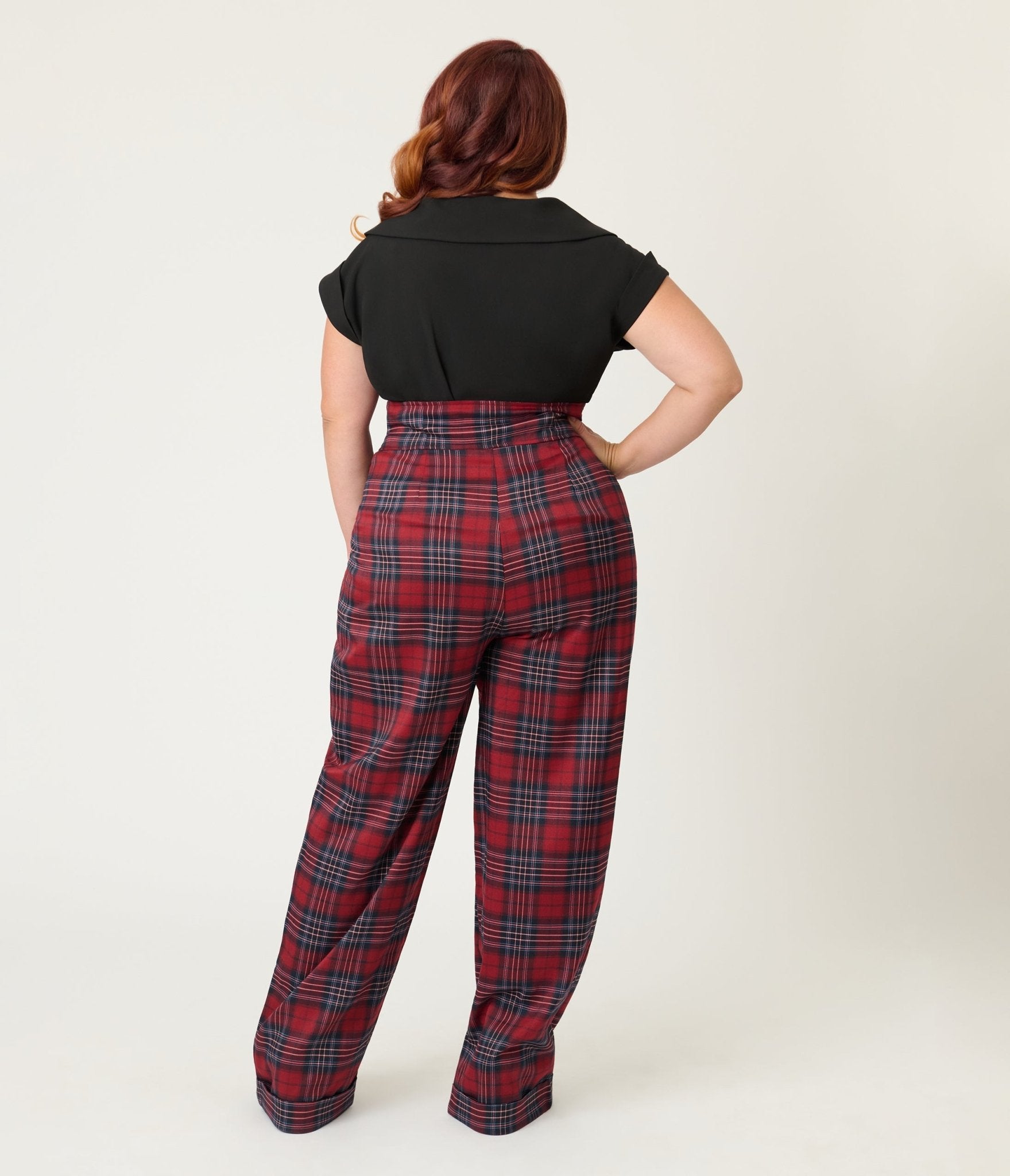 Unique Vintage Plus Size Red Plaid High Waist Trousers - Unique Vintage - Womens, BOTTOMS, PANTS