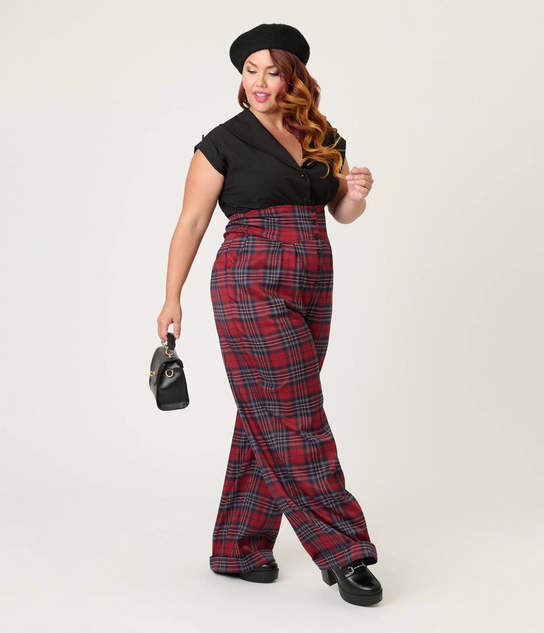 Unique Vintage Plus Size Red Plaid High Waist Trousers - Unique Vintage - Womens, BOTTOMS, PANTS