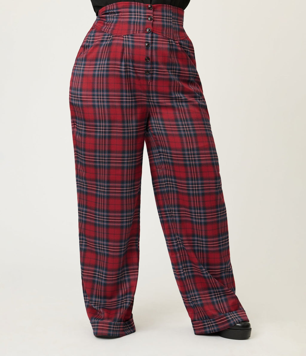 Unique Vintage Plus Size Red Plaid High Waist Trousers - Unique Vintage - Womens, BOTTOMS, PANTS