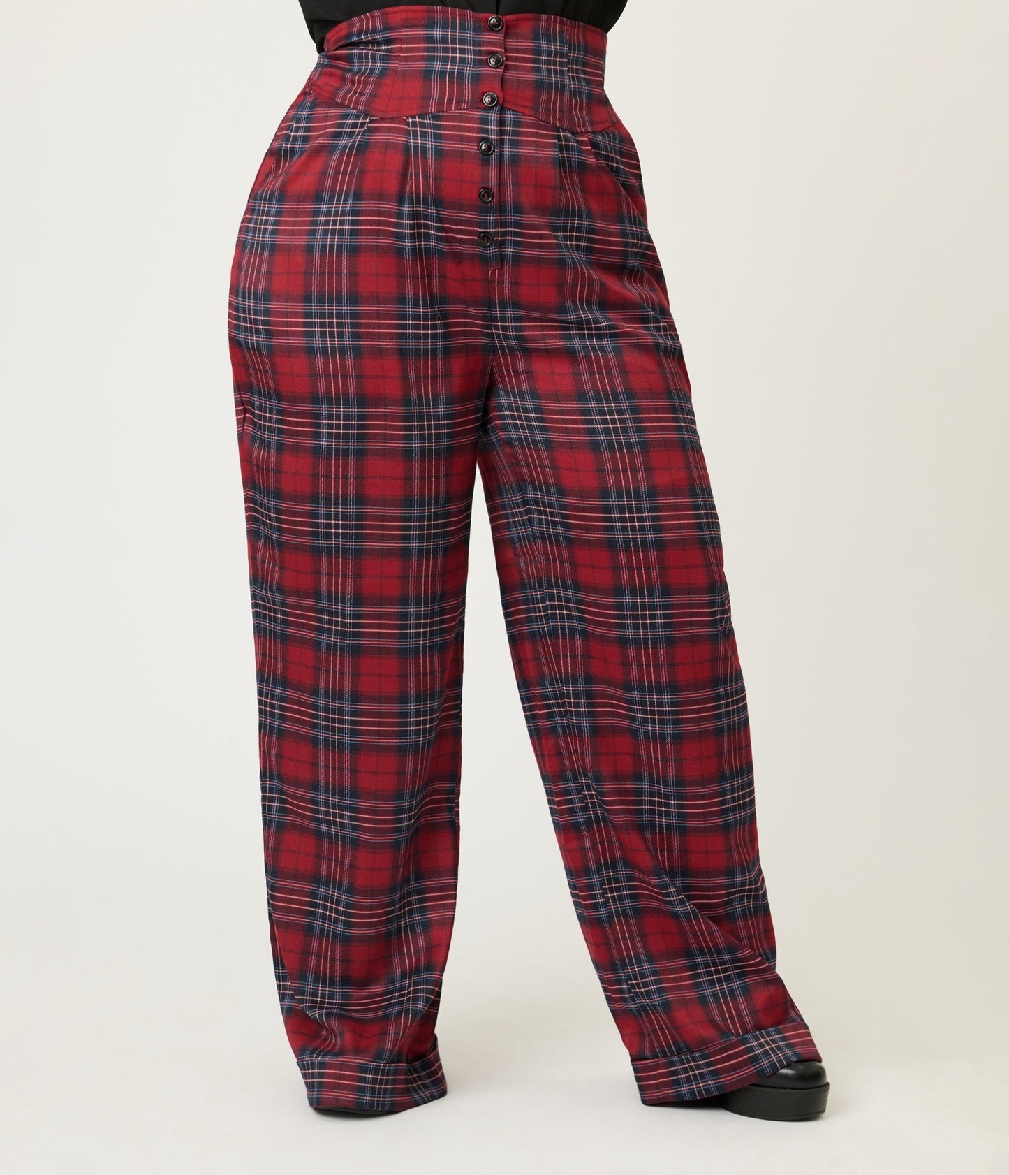 Unique Vintage Plus Size Red Plaid High Waist Trousers - Unique Vintage - Womens, BOTTOMS, PANTS