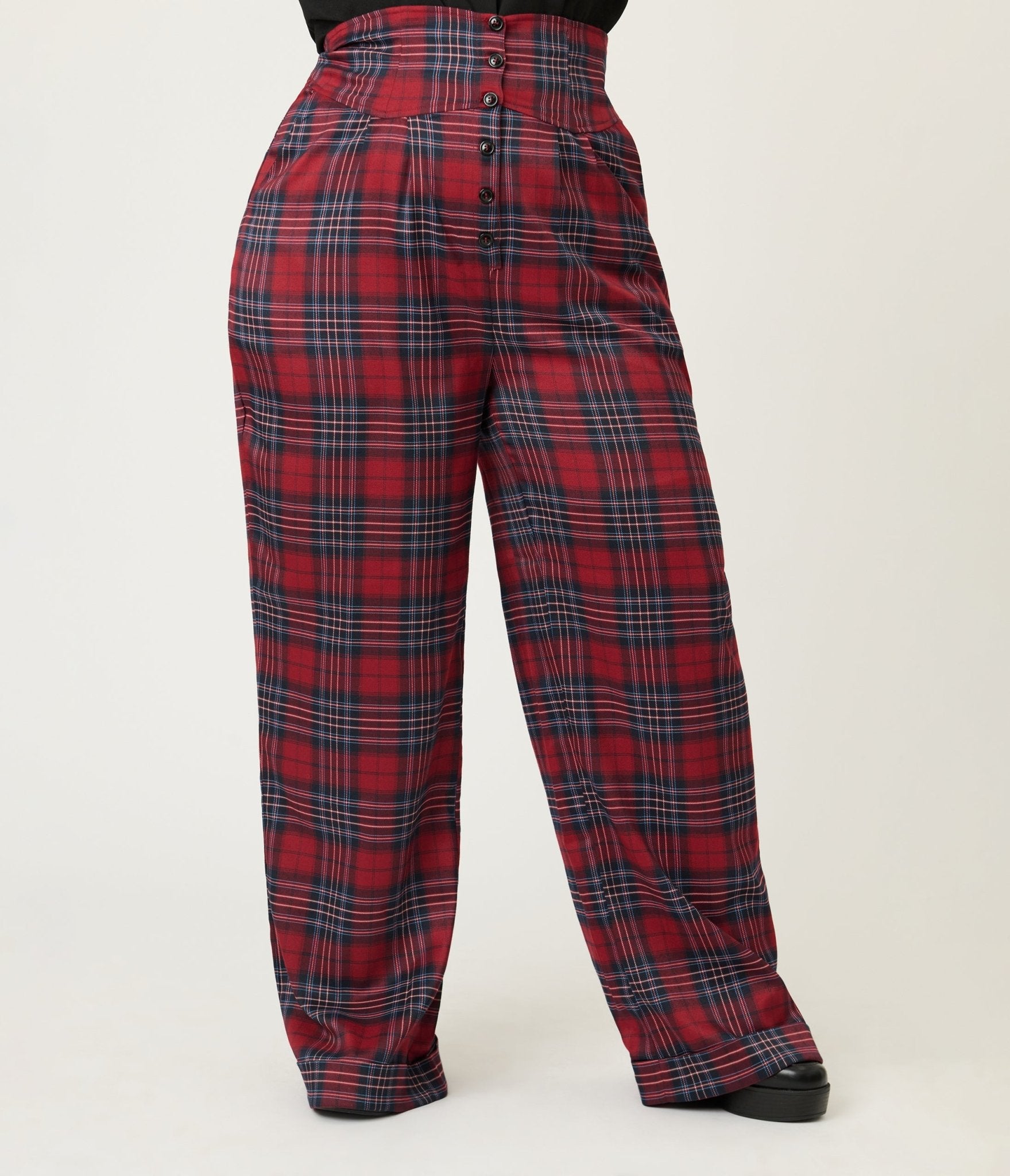 Unique Vintage Plus Size Red Plaid High Waist Trousers - Unique Vintage - Womens, BOTTOMS, PANTS