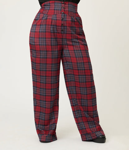 Unique Vintage Plus Size Red Plaid High Waist Trousers - Unique Vintage - Womens, BOTTOMS, PANTS