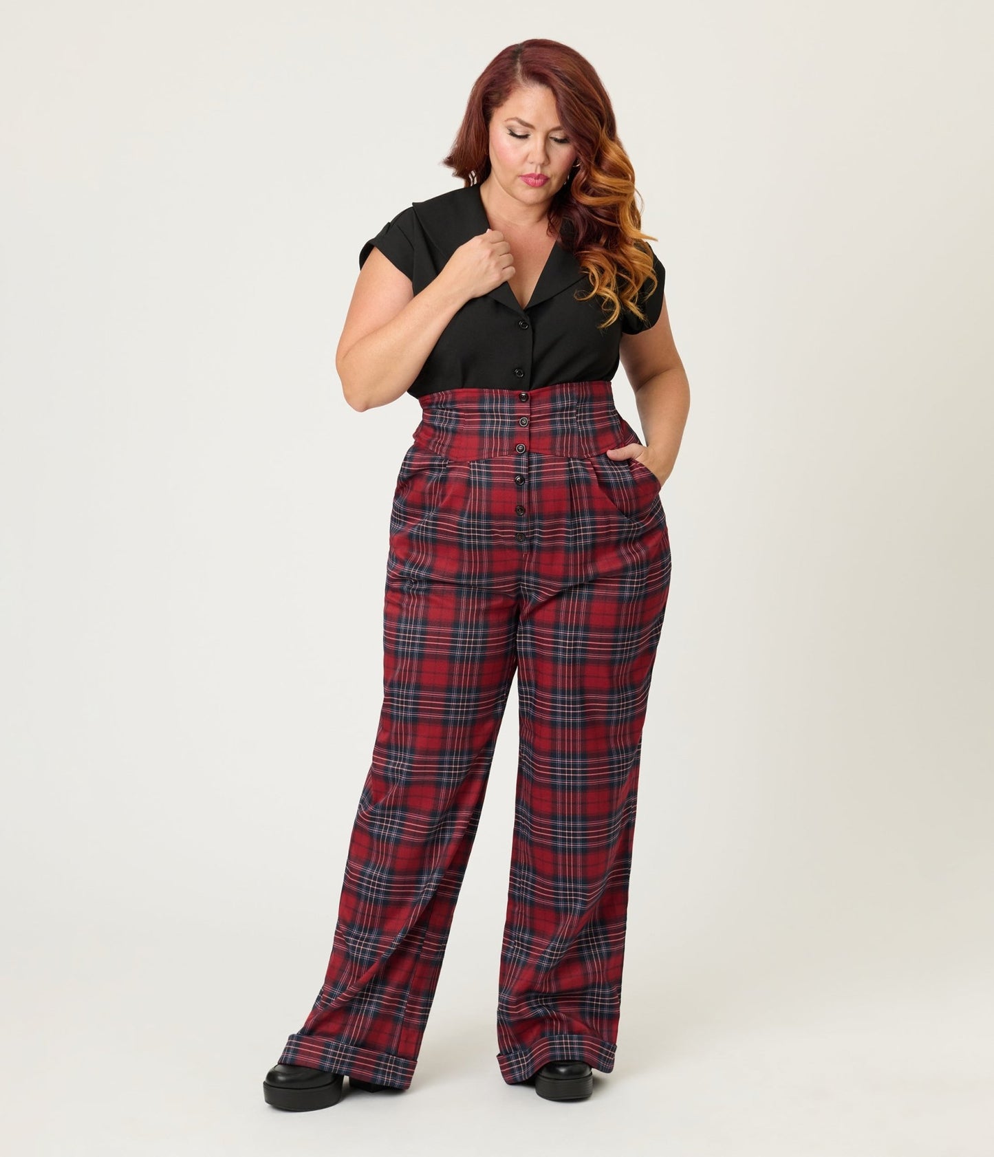 Unique Vintage Plus Size Red Plaid High Waist Trousers - Unique Vintage - Womens, BOTTOMS, PANTS