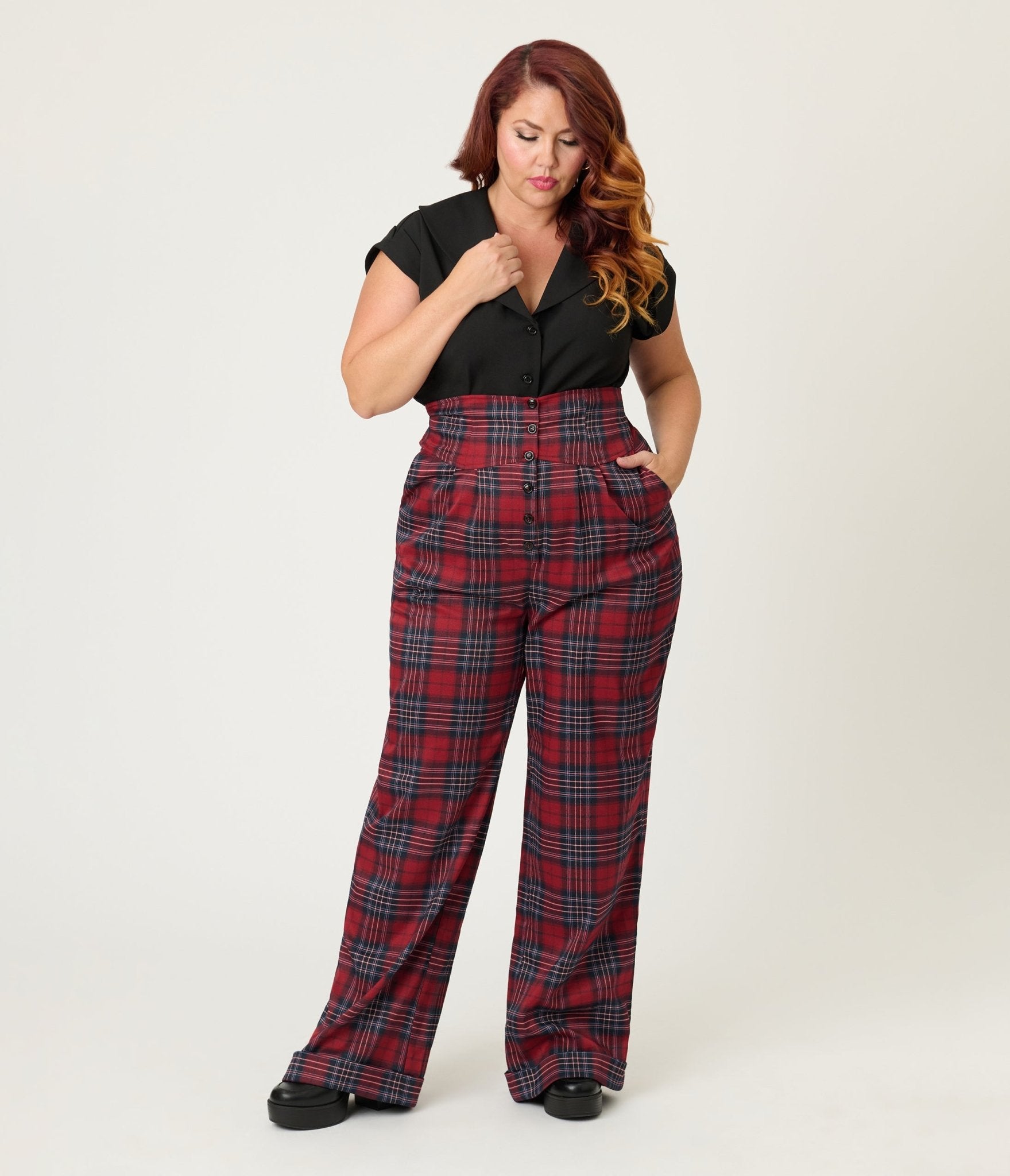 Unique Vintage Plus Size Red Plaid High Waist Trousers - Unique Vintage - Womens, BOTTOMS, PANTS