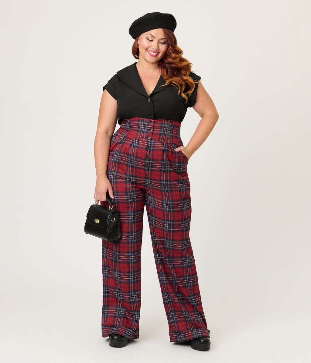 Unique Vintage Plus Size Red Plaid High Waist Trousers - Unique Vintage - Womens, BOTTOMS, PANTS