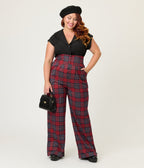 Unique Vintage Plus Size Red Plaid High Waist Trousers - Unique Vintage - Womens, BOTTOMS, PANTS