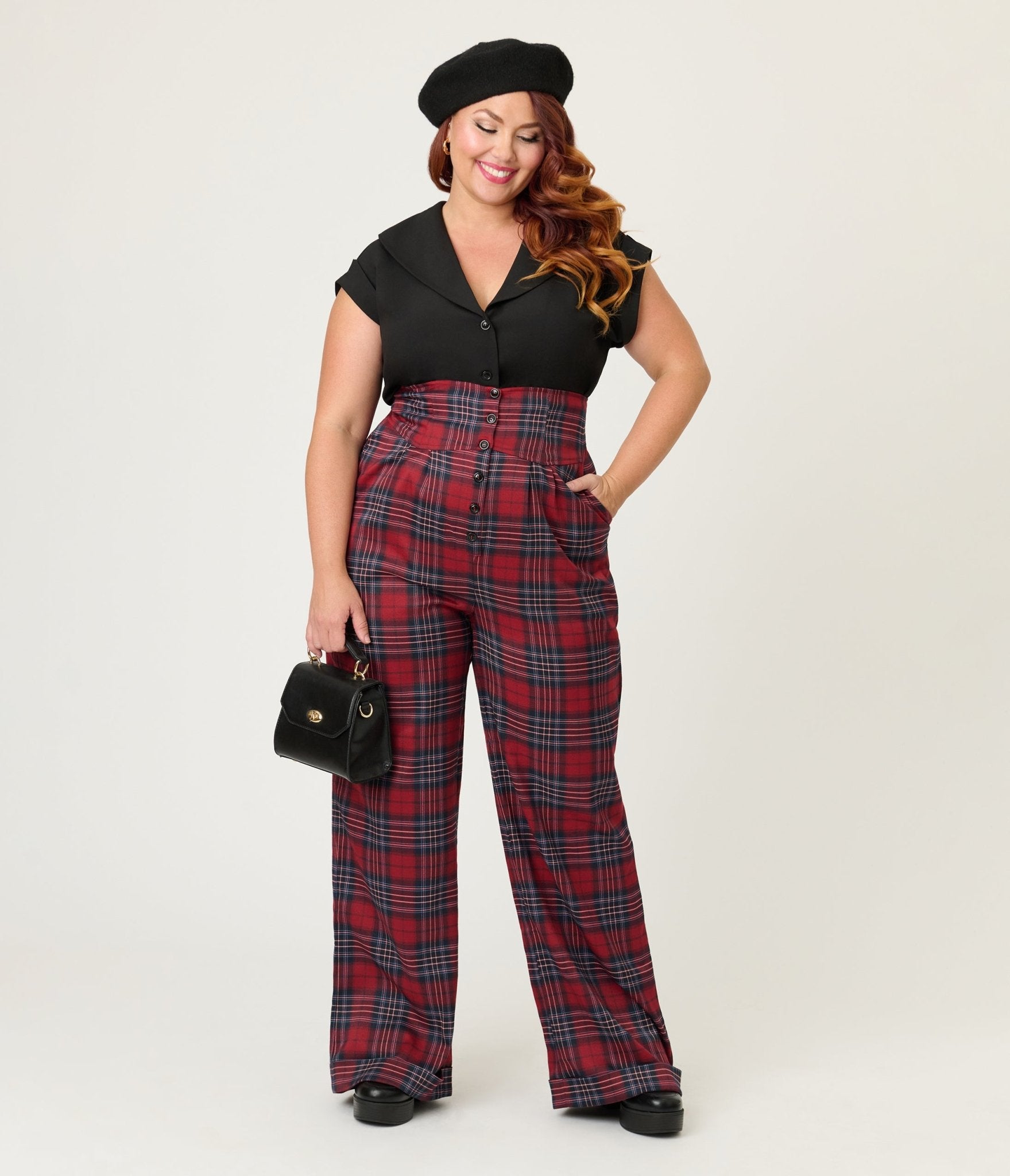 Unique Vintage Plus Size Red Plaid High Waist Trousers - Unique Vintage - Womens, BOTTOMS, PANTS