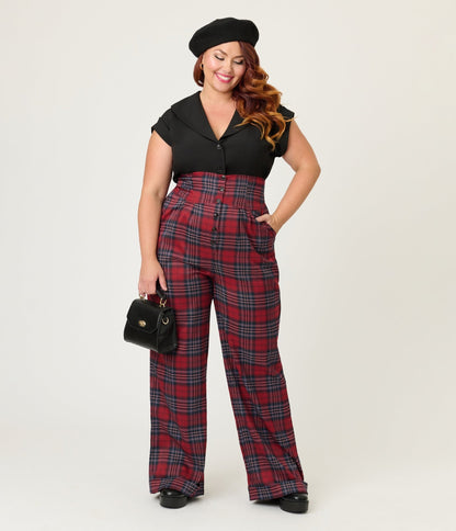 Unique Vintage Plus Size Red Plaid High Waist Trousers - Unique Vintage - Womens, BOTTOMS, PANTS