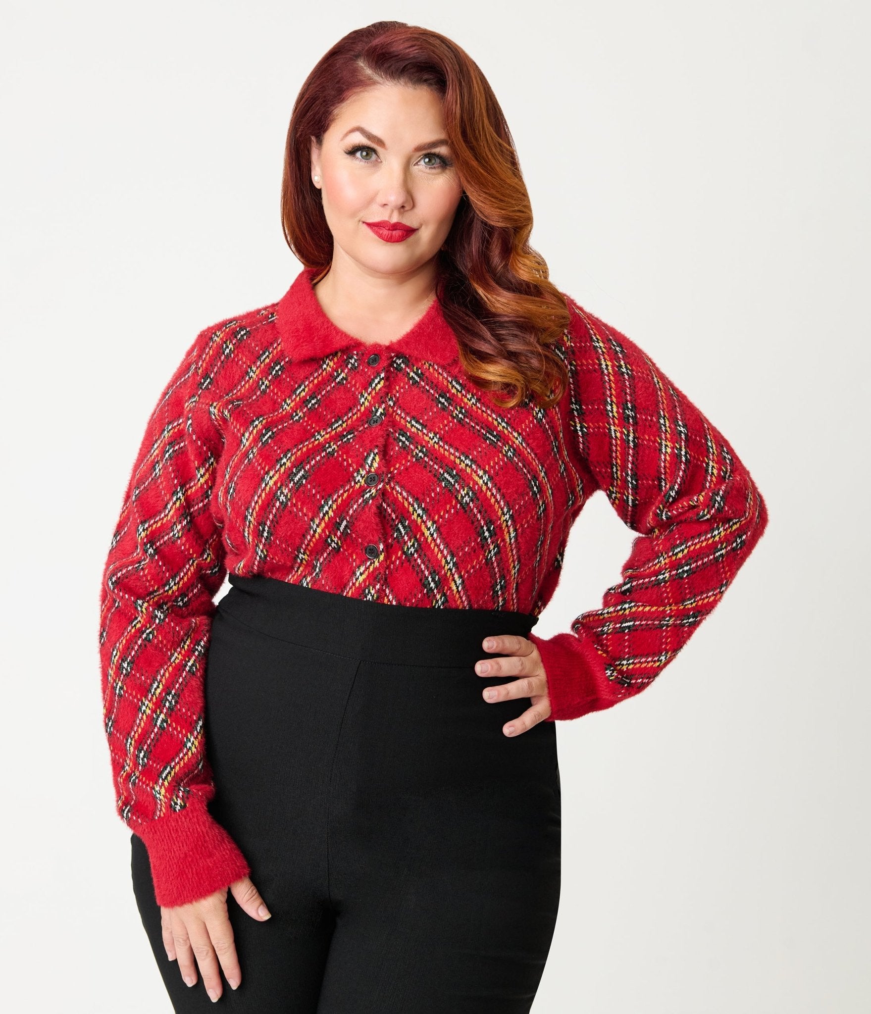 Unique Vintage Plus Size Red Plaid Long Sleeve Cardigan - Unique Vintage - Womens, TOPS, SWEATERS