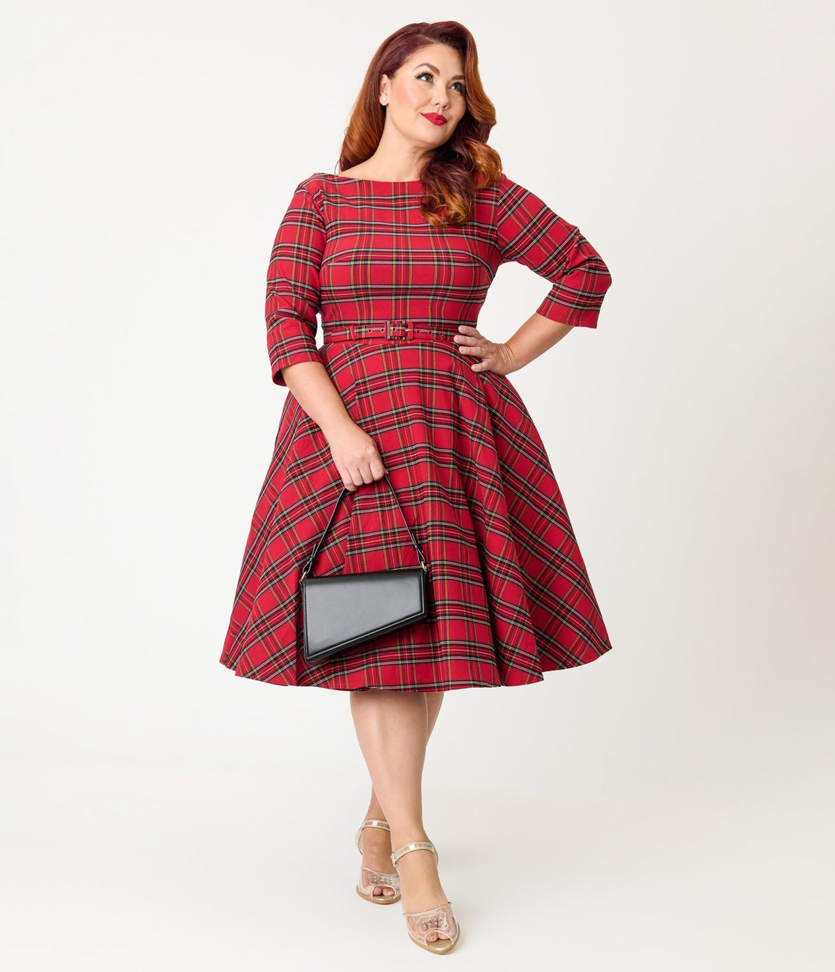 Unique Vintage Plus Size Red Plaid Sleeved Devon Swing Dress