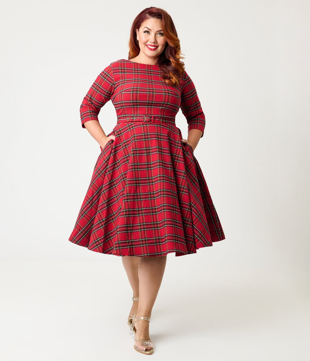 Unique Vintage Plus Size Red Plaid Sleeved Devon Swing Dress - Unique Vintage - Womens, DRESSES, SWING