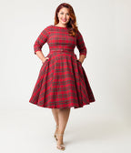 Unique Vintage Plus Size Red Plaid Sleeved Devon Swing Dress - Unique Vintage - Womens, DRESSES, SWING