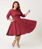 Unique Vintage Plus Size Red Plaid Sleeved Devon Swing Dress - Unique Vintage - Womens, DRESSES, SWING