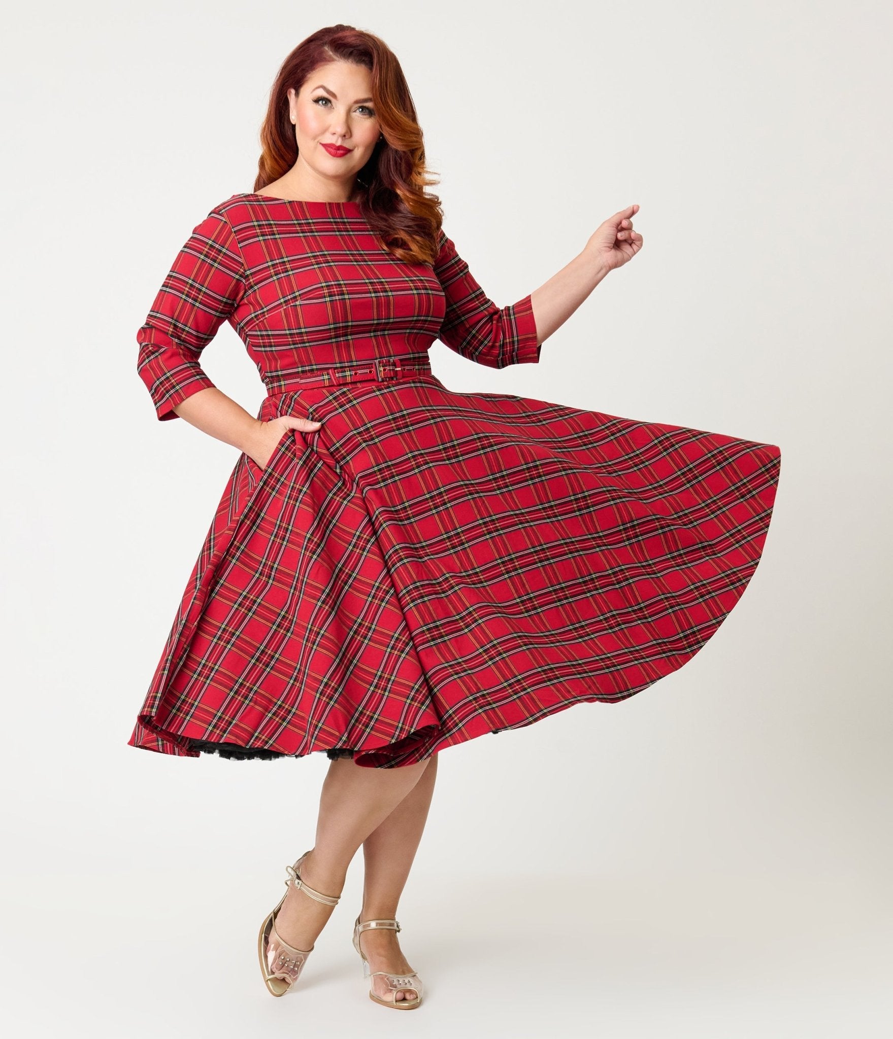 Unique Vintage Plus Size Red Plaid Sleeved Devon Swing Dress - Unique Vintage - Womens, DRESSES, SWING