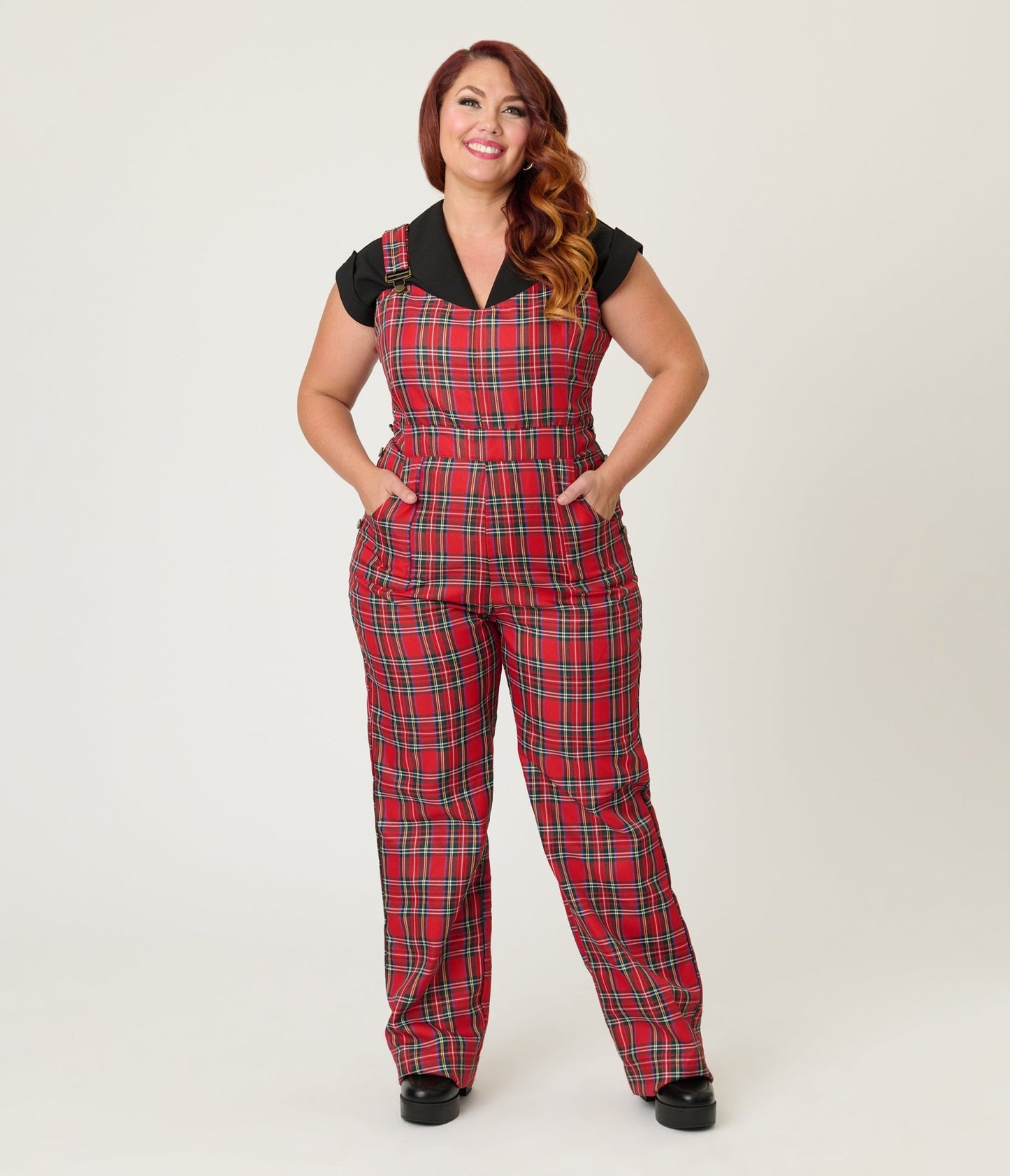 Unique Vintage Plus Size Red Plaid Wide Leg Overalls - Unique Vintage - Womens, BOTTOMS, ROMPERS AND JUMPSUITS