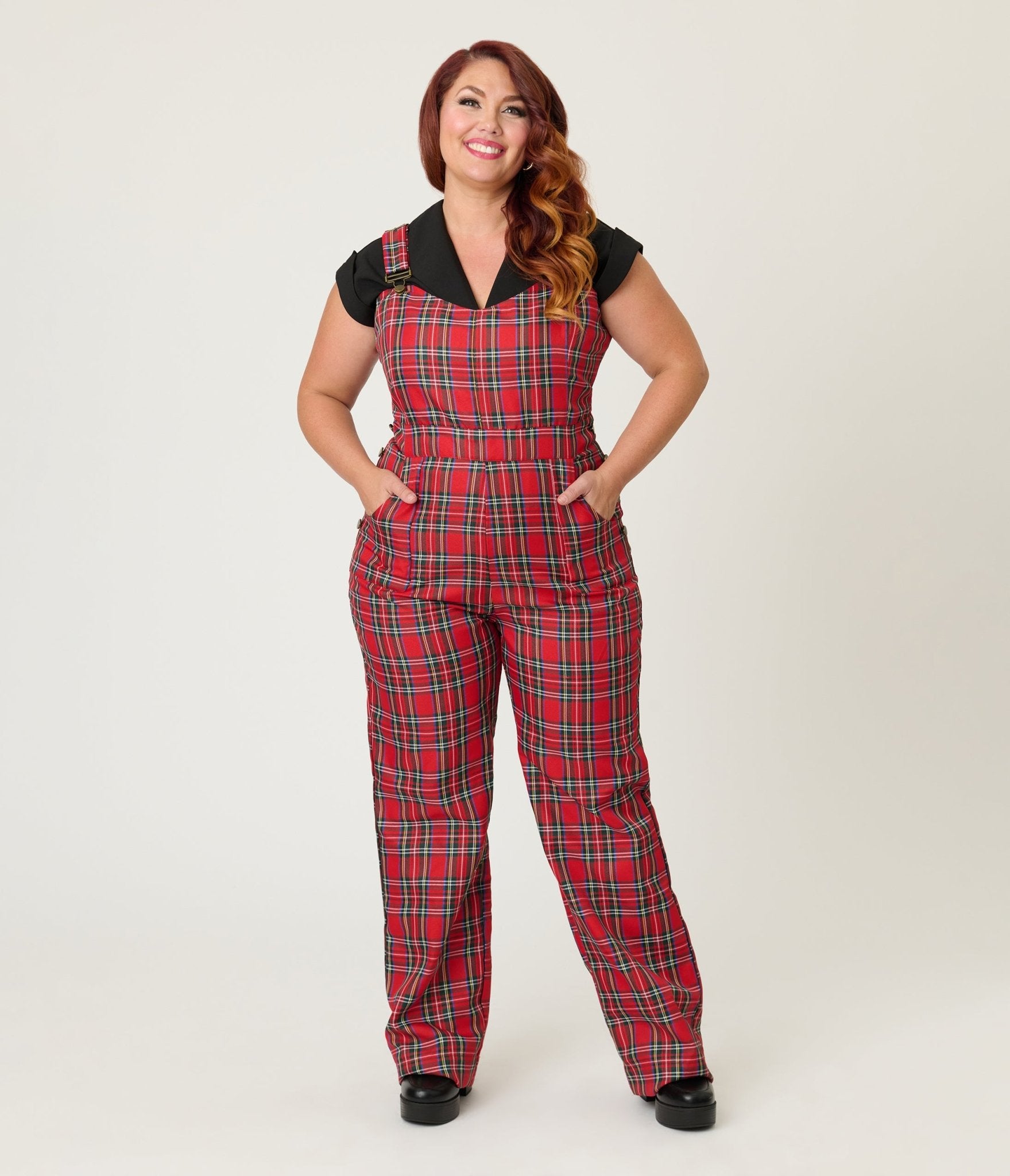 Unique Vintage Plus Size Red Plaid Wide Leg Overalls - Unique Vintage - Womens, BOTTOMS, ROMPERS AND JUMPSUITS