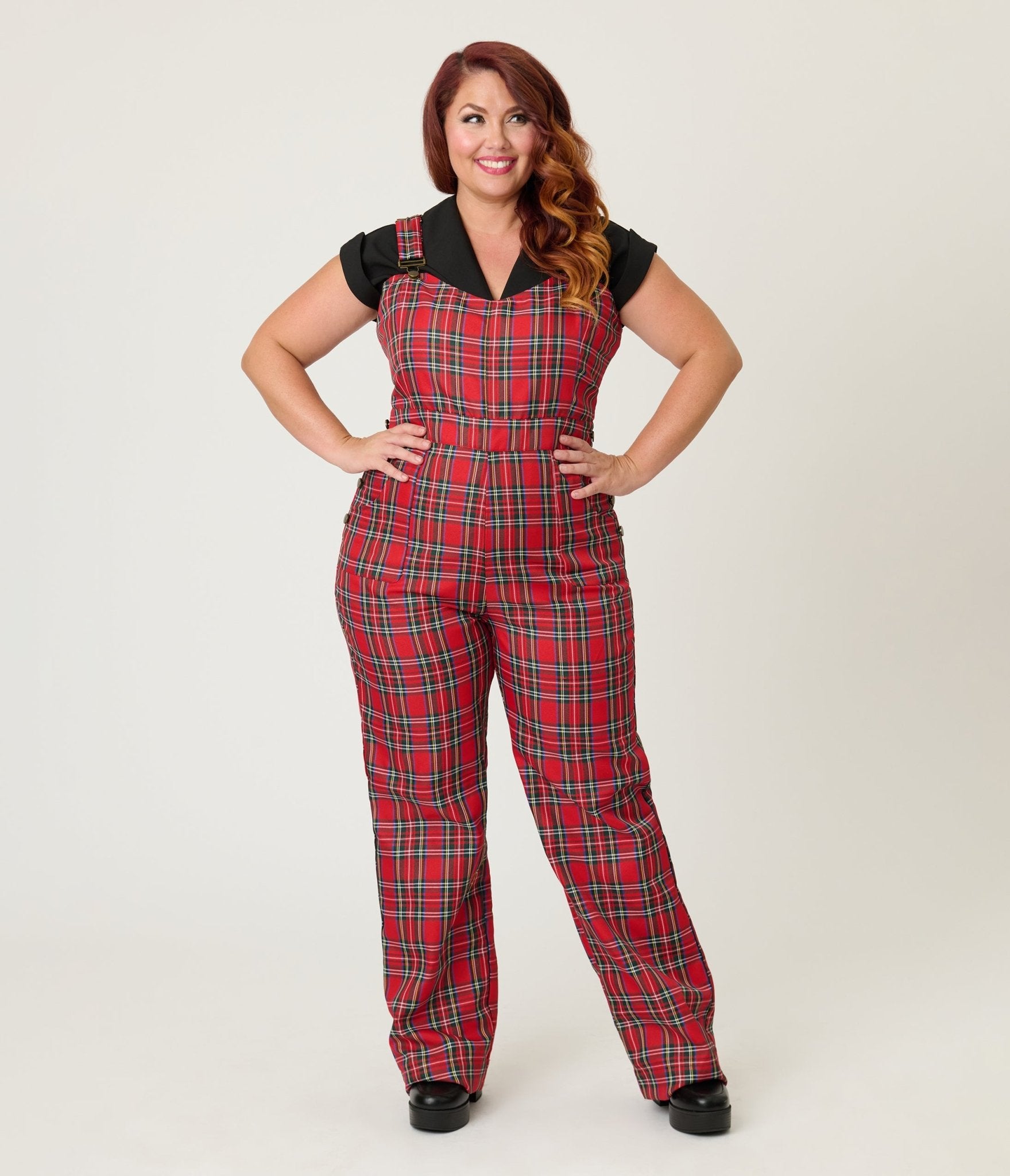 Unique Vintage Plus Size Red Plaid Wide Leg Overalls - Unique Vintage - Womens, BOTTOMS, ROMPERS AND JUMPSUITS