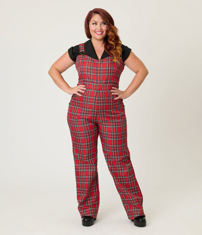 Unique Vintage Plus Size Red Plaid Wide Leg Overalls - Unique Vintage - Womens, BOTTOMS, ROMPERS AND JUMPSUITS