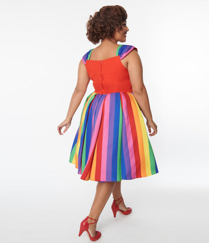 Unique Vintage Plus Size Red & Rainbow Stripe Swing Dress - Unique Vintage - Womens, DRESSES, SWING