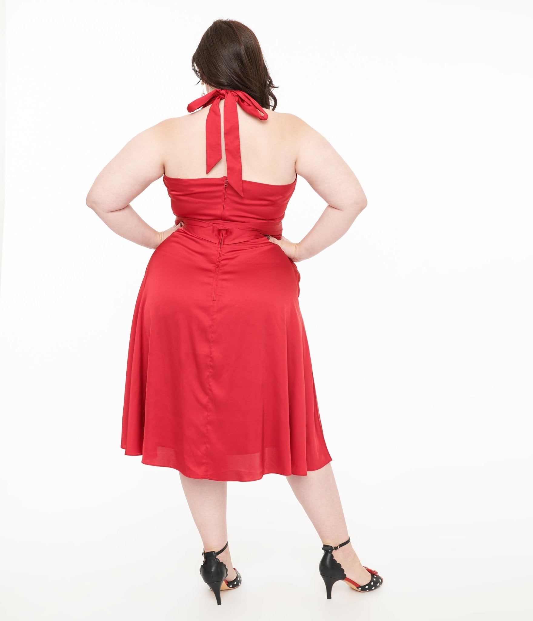 Unique Vintage Plus Size Red Satin Halter Swing Dress - Unique Vintage - Womens, DRESSES, SWING