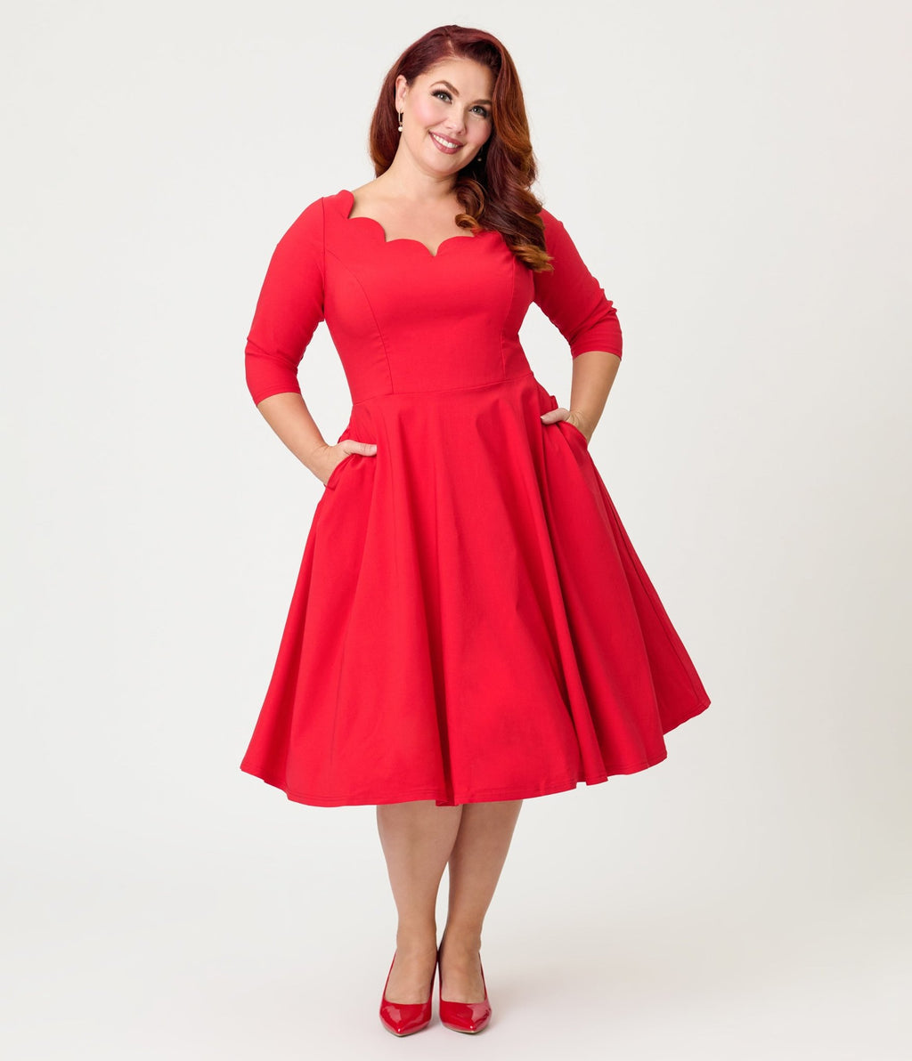 Unique Vintage Plus Size Red Scalloped Neck Swing Dress