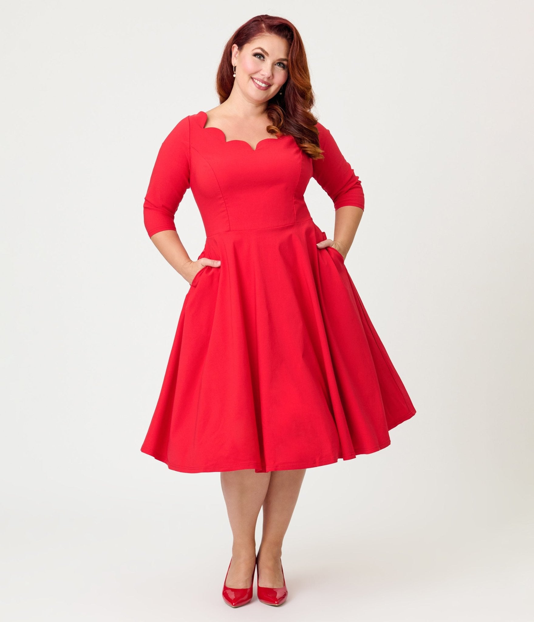 Unique Vintage Plus Size Red Scalloped Neck Swing Dress