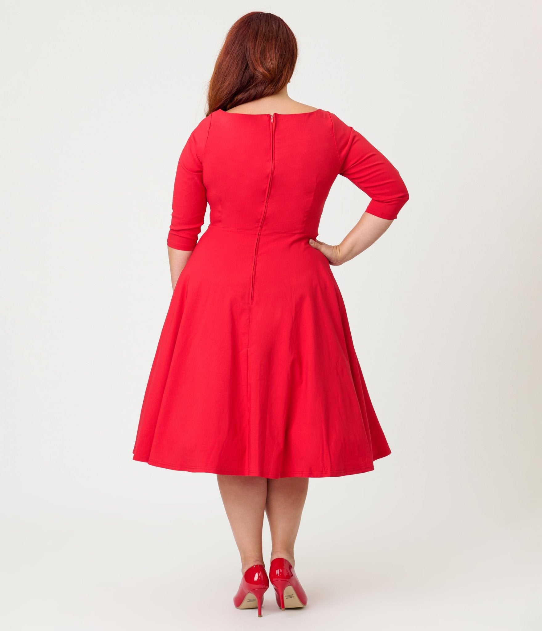 Unique Vintage Plus Size Red Scalloped Neck Swing Dress