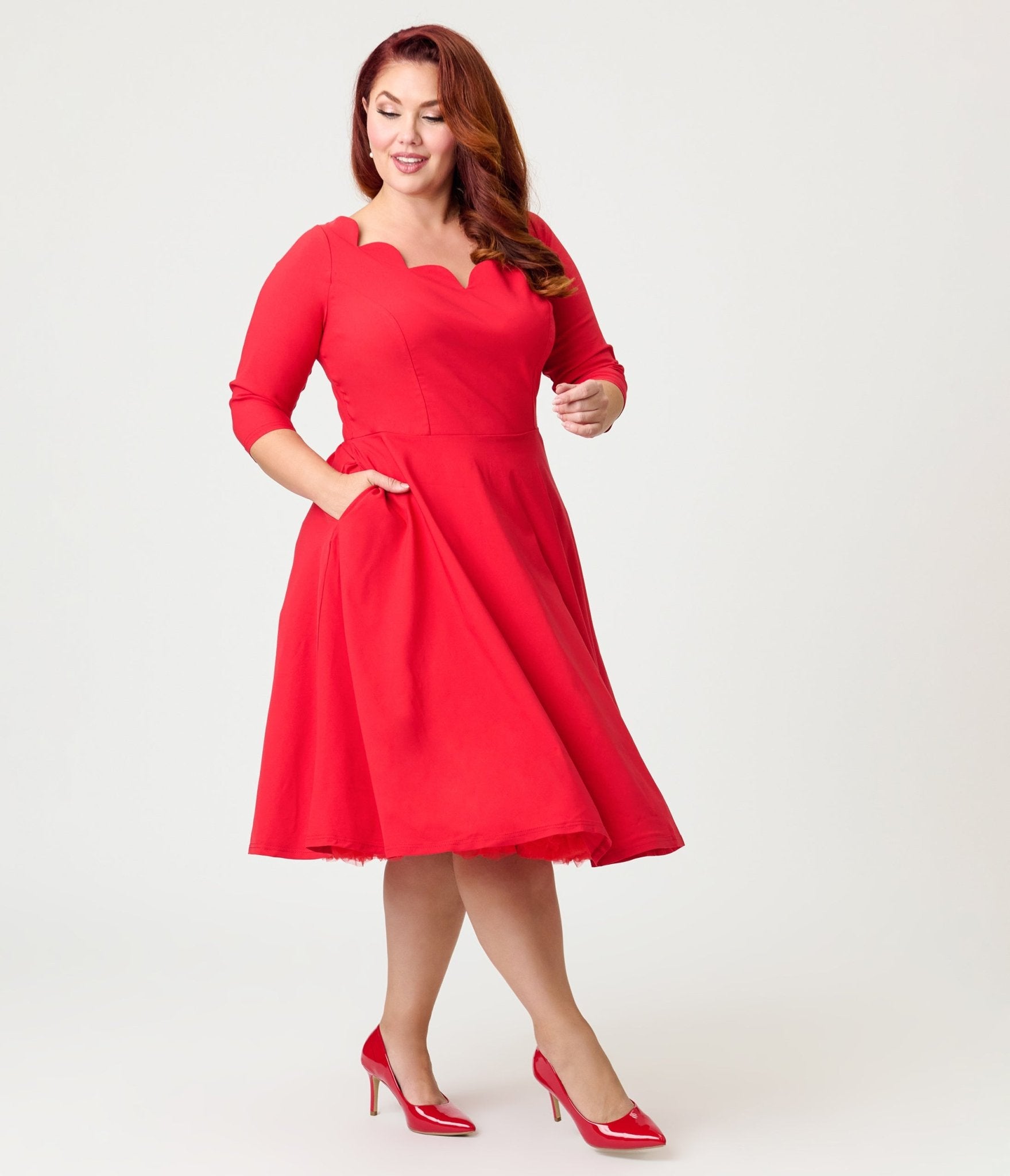 Unique Vintage Plus Size Red Scalloped Neck Swing Dress