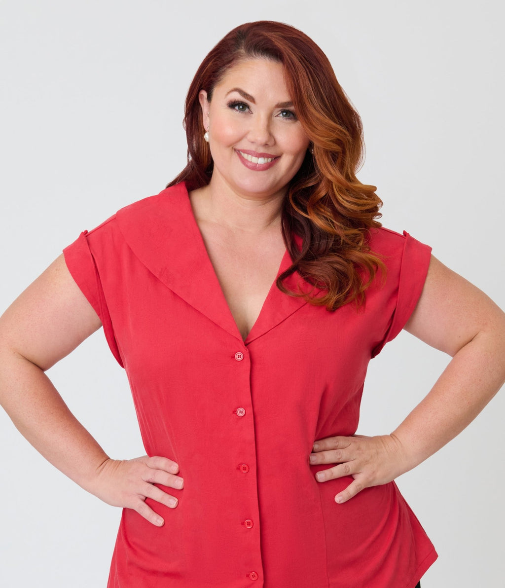 Unique Vintage Plus Size Red Twill Sleeveless Blouse - Unique Vintage - Womens, TOPS, WOVEN TOPS
