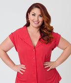 Unique Vintage Plus Size Red Twill Sleeveless Blouse - Unique Vintage - Womens, TOPS, WOVEN TOPS