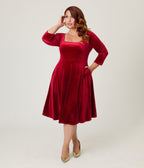 Unique Vintage Plus Size Red Velvet Square Neck Swing Dress - Unique Vintage - Womens, DRESSES, SWING