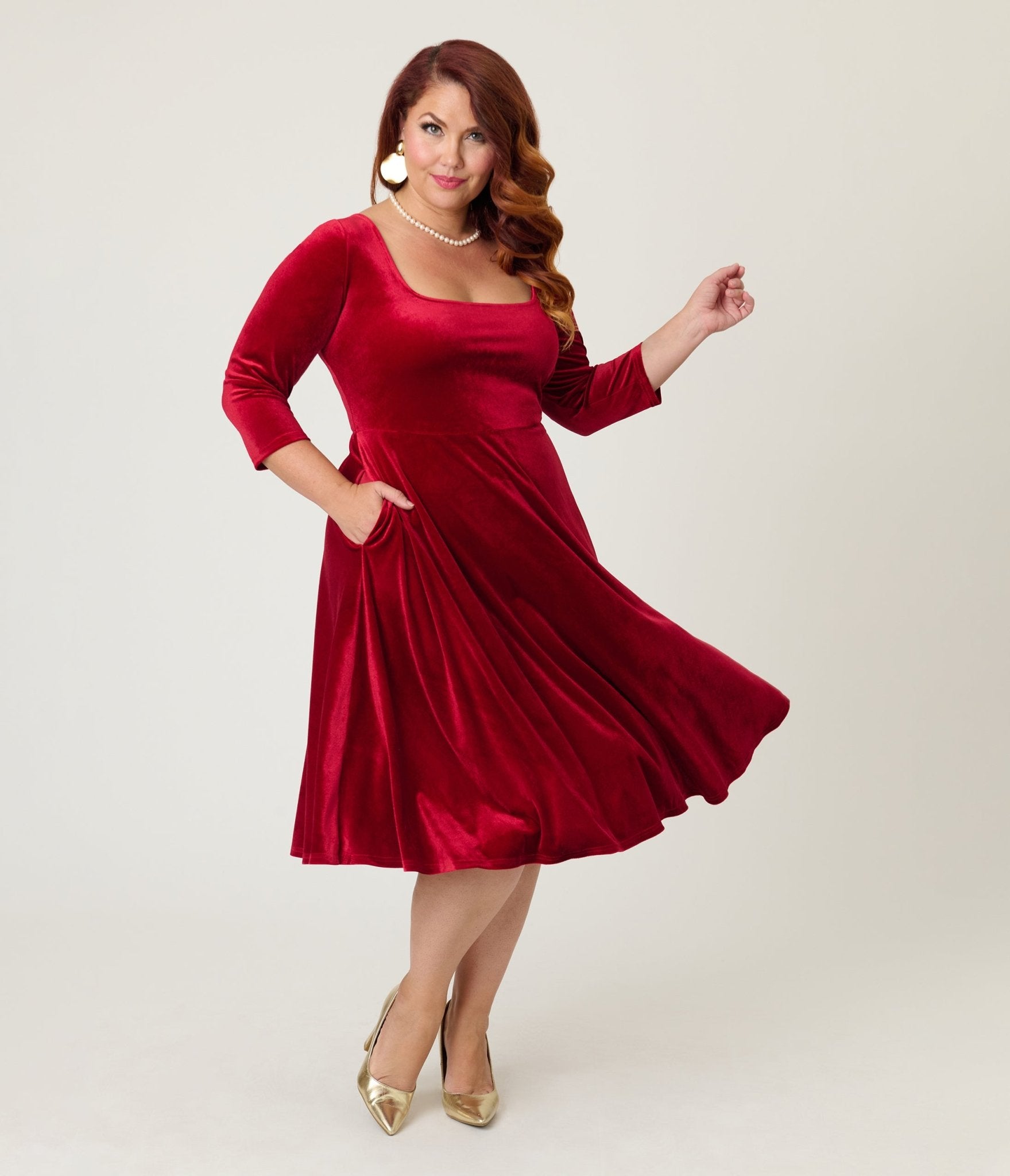 Unique Vintage Plus Size Red Velvet Square Neck Swing Dress - Unique Vintage - Womens, DRESSES, SWING