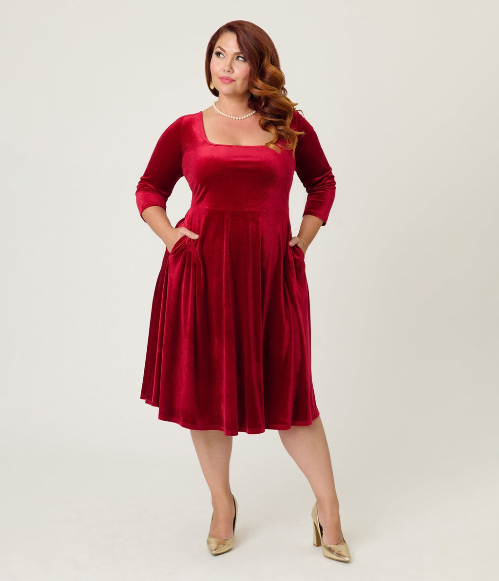 Unique Vintage Plus Size Red Velvet Square Neck Swing Dress - Unique Vintage - Womens, DRESSES, SWING