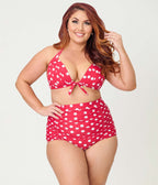 Unique Vintage Plus Size Red & White Dot Monroe Halter Swim Top - Unique Vintage - Womens, SWIM, TOP