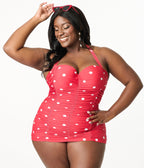 Unique Vintage Plus Size Red & White Polka Dot Mansfield Halter One Piece Swimsuit - Unique Vintage - Womens, SWIM, 1 PC