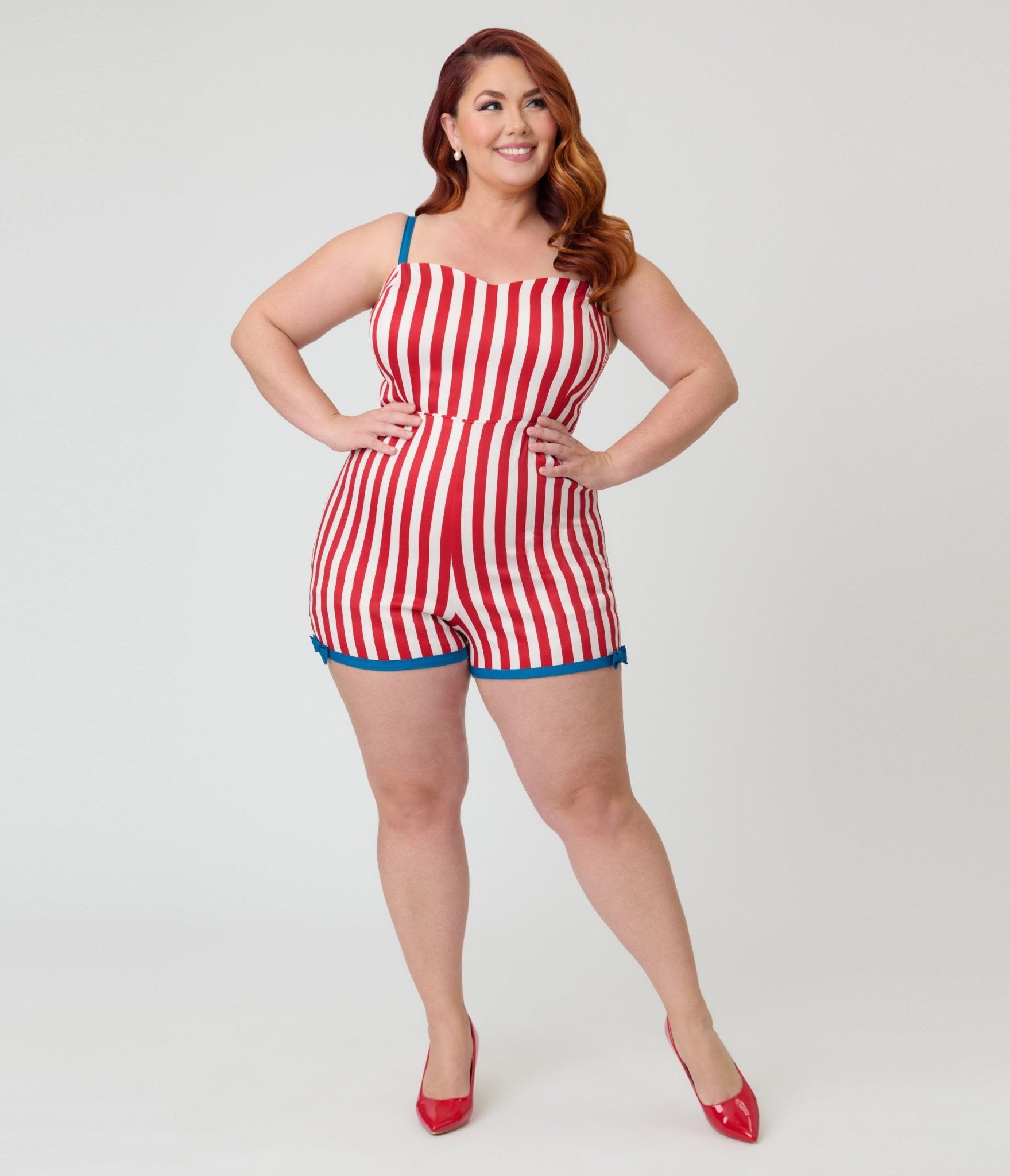 Unique Vintage Plus Size Red & White Stripe Ossining Romper - Unique Vintage - Womens, BOTTOMS, ROMPERS AND JUMPSUITS