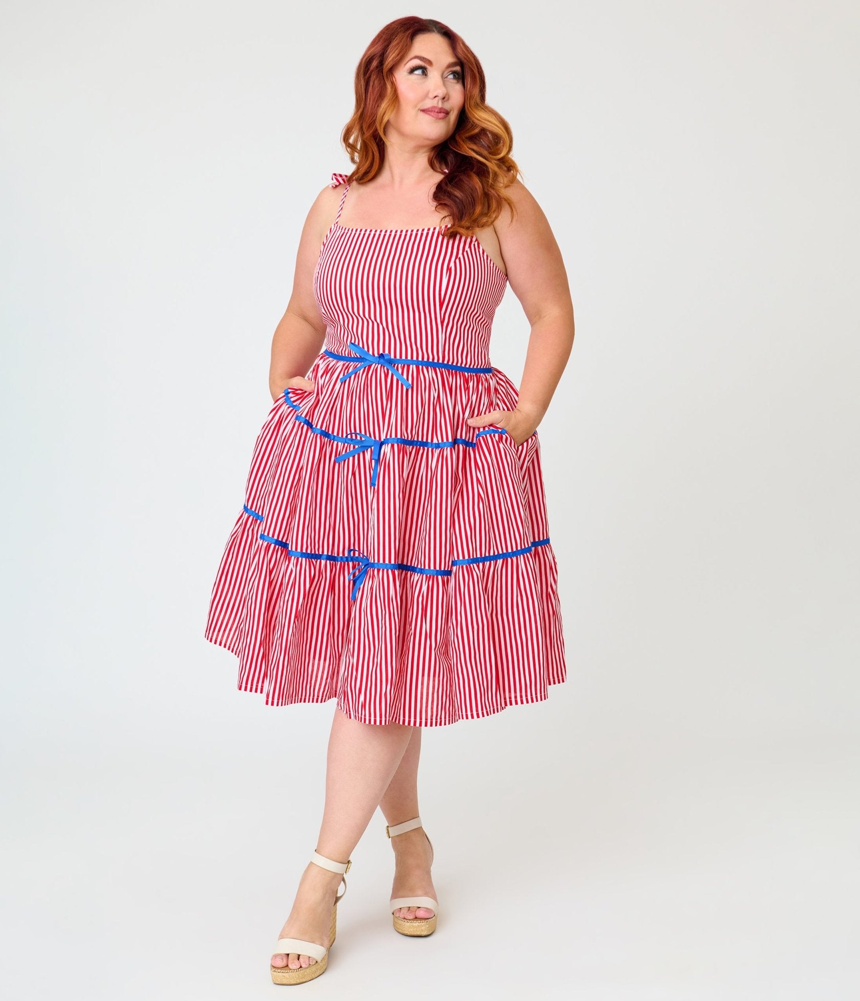 Unique Vintage Plus Size Red & White Striped Tiered Swing Dress