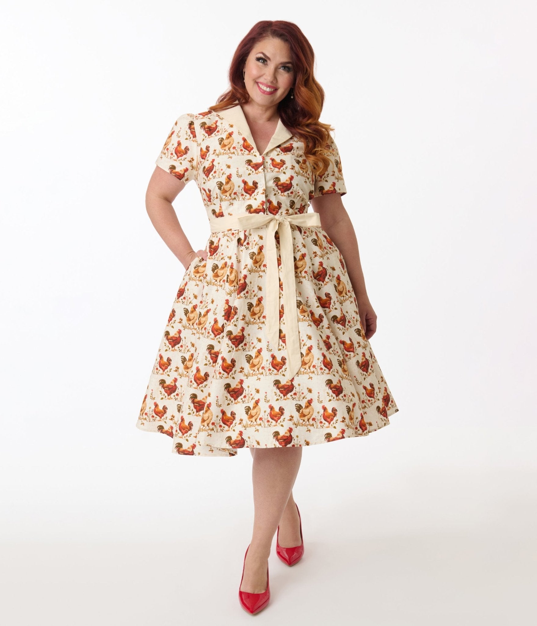 Unique Vintage Plus Size Rooster Print Cotton Shirt Dress - Unique Vintage - Womens, DRESSES, SWING