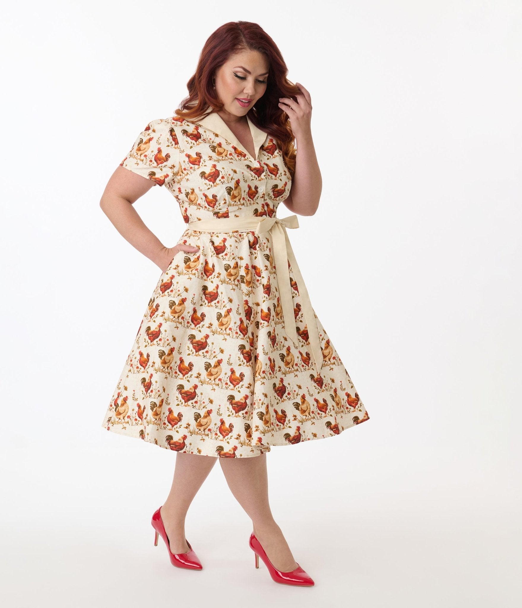 Unique Vintage Plus Size Rooster Print Cotton Shirt Dress - Unique Vintage - Womens, DRESSES, SWING